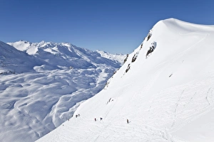 Europe, Austria, Tirol. St. Anton am Arlberg, resort pistes and mountain ranges Europe, Austria, Tirol. St. Anton am Arlberg, resort pistes and mountain ranges