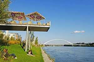 Slovakia Prints: Eurovea, restaurant on a platform above the Danube River, Bratislava, Slovakia, Europe
