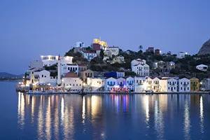 Evening, buildings at Harbour Entrance, Kastellorizo (Megisti) Island, Dodecanese Group