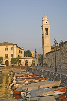 Italian Lake Prints: Evening light over the harbour and campanile at Lazise