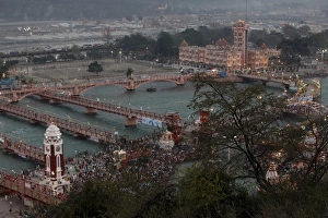 Uttarakhand Prints: Evening light at the Kumbh Mela in Haridwar, Uttarakhand, India, Asia