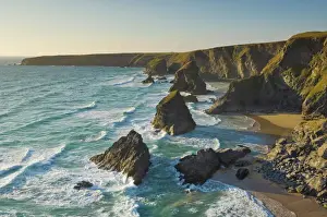 Evening light on the rock stacks, beach and rugged coastline at Bedruthan Steps