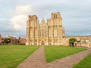 Evening light on the West Front, Wells Cathedral, Wells, Somerset, England, United Kingdom, Europe