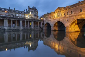 18th Century Prints: Evening lights illuminating Pulteney Bridge in Bath, UNESCO World Heritage Site, Somerset