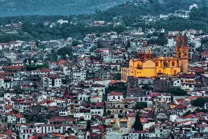 Guerrero Prints: Evening overview, with illuminated Church of Santa Prisca de Taxco