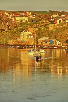 Riverside Prints: Evening sunlight reflects on the water of the River Avon estuary near the village of Bantham in Devon