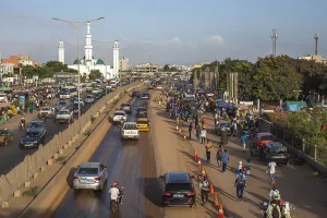 Senegal Prints: Evening traffic in Dakar, Senegal, West Africa, Africa