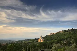 Montepulciano Prints: Evening view towards the hilltop town of Montepulciano and the church of San Biagio
