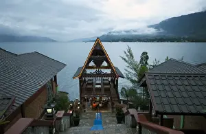 Lake Toba Prints: Evening view across Lake Toba from Batak Toba style hotel on Samosir Island