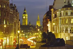 Evening view from Trafalgar Square down Whitehall with Big Ben in the background