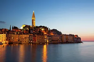 Old Towns Prints: Evening, Waterfront and Tower of Church of St. Euphemia, Old Town, Rovinj, Croatia, Europe