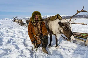 Rope Prints: Evenk reindeer breeder with reindeers, Oymyakon, Sakha Republic (Yakutia), Russia