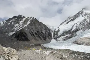 Base Camp Prints: Everest Base Camp at 5350m seen here as a scattering of tents in the distance