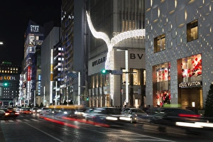 Opulence Prints: Exclusive designer shops at night, Ginza area, Chuo, Tokyo, Japan, Asia