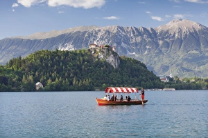 Julian Alps Prints: Excursion boat, Bled Castle, Lake Bled, Gorenjska, Julian Alps, Slovenia, Europe