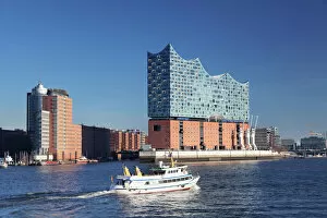 Typically German Gallery: Excursion boat on Elbe River, Elbphilharmonie, HafenCity, Hamburg, Hanseatic City