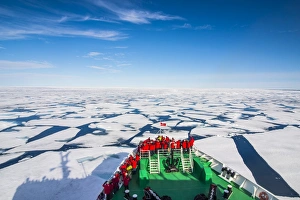 Pack Ice Prints: Expedition boat navigating through the pack ice in the Arctic shelf, Svalbard, Arctic