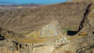 Climbing Prints: Exploration of Alinja castle with aerial view over Nakhchivan region in Azerbaijan