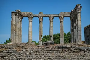 Columns Prints: Exploration of Roman Temple ruins in Evora showcasing ancient architecture and historical significance in Portugal