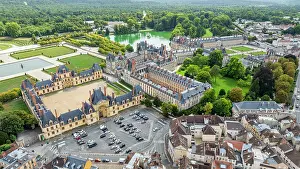 Landscaping Prints: Explore the aerial view of Fontainebleau palace and gardens in France showing the historic architecture