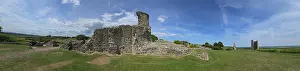 Essex Prints: Explore Hadleigh Castle ruins in Essex under a clear sky with green fields nearby and a distant tower