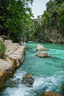 Kayaking Prints: Explore Koprulu Canyon with turquoise water and the arch bridge in Turkey near Antalya