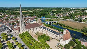 Vista Prints: Exploring Abbey Church of Saint-Savin-sur-Gartempe from above in France surrounded by river and village