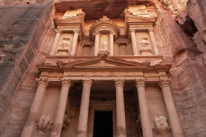 Sandstone Prints: Exploring Al-Khazneh, a historic structure carved into rock in Petra, Jordan