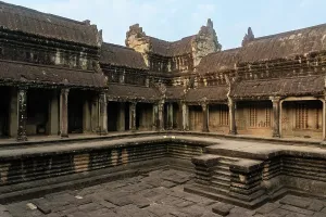 Columns Prints: Exploring the ancient architecture of Angkor Wat in Siem Reap Cambodia under clear skies in the morning