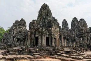 Southeast Prints: Exploring the architecture of Bayon Temple with stone towers and ruins in Angkor