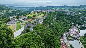 Fortifications Prints: Exploring the citadel of Besancon from above in France showcasing its historic structures and natural setting