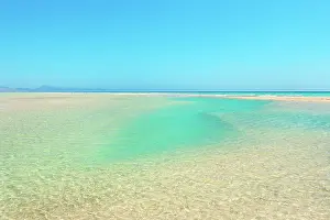 Enjoyment Prints: Exploring the clear waters and sandy shores of Sotavento Beach in Fuerteventura during a sunny day