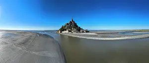 Geography Prints: Exploring Mont St. Michel from above shows its unique structure and surroundings in France during a clear day