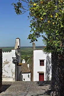 Alentejo Prints: Exploring the narrow alley in the village of Monsaraz with a view towards the countryside in Portugal