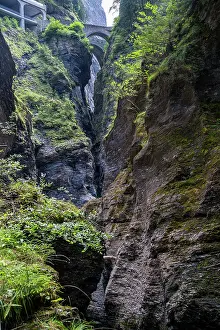 Canyon Prints: Exploring a narrow canyon with lush greenery and a stone bridge in Switzerland during daytime hours