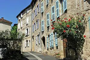 Landscaping Prints: Exploring the narrow street lined with stone buildings and colorful shutters in Figeac