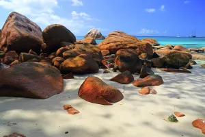 Seashore Prints: Exploring the rocks and sandy shore at Anse Georgette in Seychelles on a clear sunny day