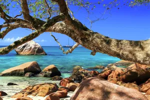 Spot Prints: Exploring the rocks and water at Anse Georgette on Praslin island with clear skies and boats in the distance