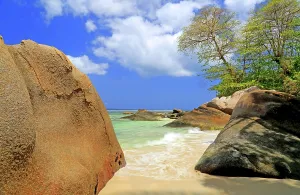 Azure Prints: Exploring the sandy shores and clear waters of Beau Vallon Beach in Seychelles during a sunny day