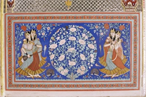 Rajput Prints: Detail of exquisite wall painting in the Sheesh Mahal (hall)