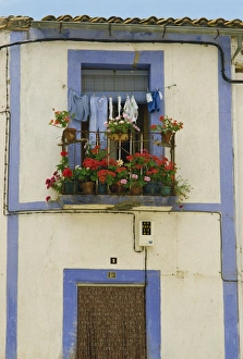 Old Castile Prints: Exterior detail of a house painted blue and white