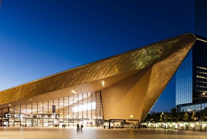 Rotterdam Prints: Exterior of Rotterdam Central Station at night, Rotterdam, Netherlands, Europe