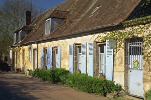 Picardie Prints: Exterior of a row of houses with pale blue doors and shutters, Aisne, St