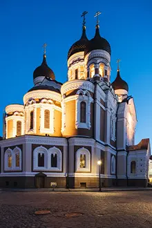 Estonia Prints: Exterior of Russian Orthodox Alexander Nevsky Cathedral at night, Toompea, Old Town