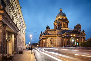 Petersburg Russia Prints: Exterior of St. Isaacs Cathedral at night, UNESCO World Heritage Site, St