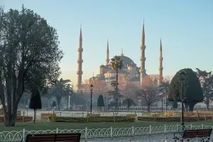 Minarets Prints: Exterior of Sultanahmet Camii (Blue Mosque) at sunrise