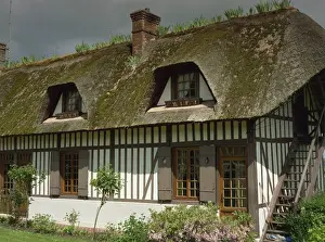 Vieux Port Prints: Exterior of a traditional timbered and thatched cottage in Vieux Port near Rouen in Haute Normandie (Normandy)