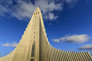 Time Collection: Exterior view of Hallgrimskirkja, the largest Lutheran church in Reykjavik, blue sky