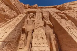 Nubia Prints: Exterior view of massive sculptures at the Temple of Hathor