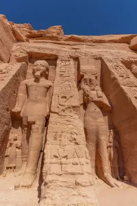 Nubia Prints: Exterior view of massive sculptures at the Temple of Hathor